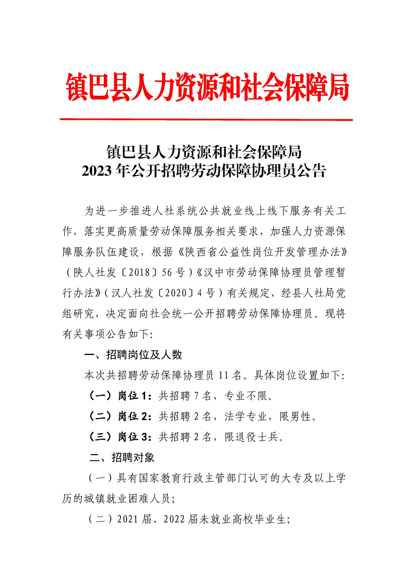 镇巴县人力资源和社会保障局招聘公告详解